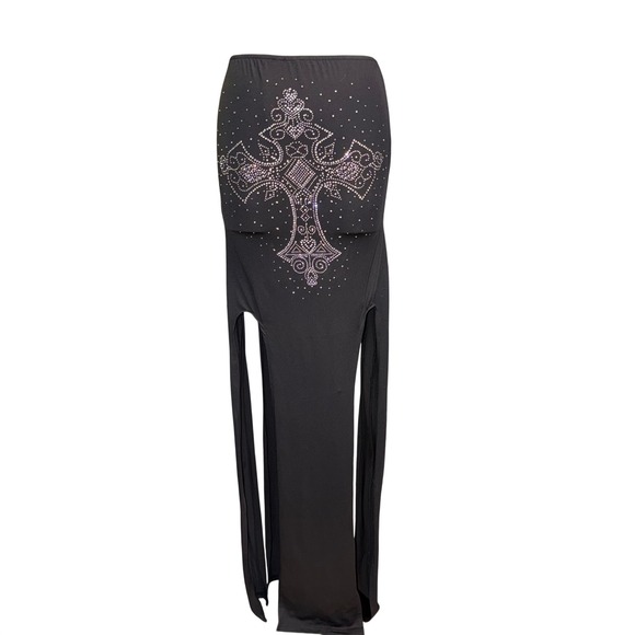 Dolls Kill Dresses & Skirts - Dolls Kill Black Rhinestone Cross High Slit Maxi Skirt Gothic Grunge Small
